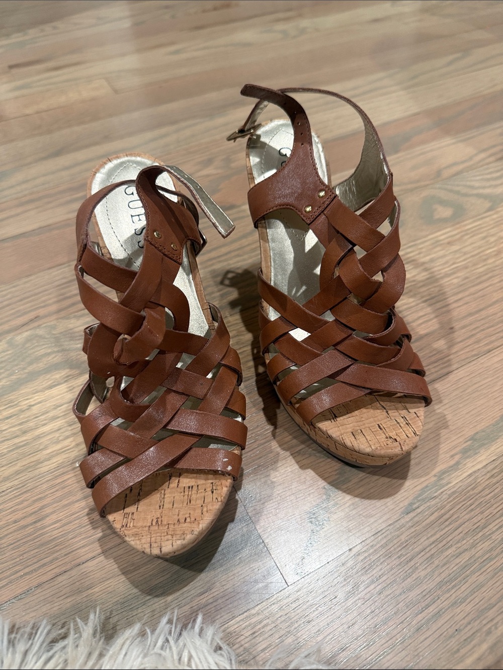 GUESS Brown Leather Woven Cork Wedge Sandals